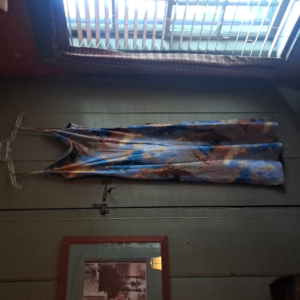 Micas Satin Marble Midi dress. Size Medium in Blue, Gold, Aqua and Orange.